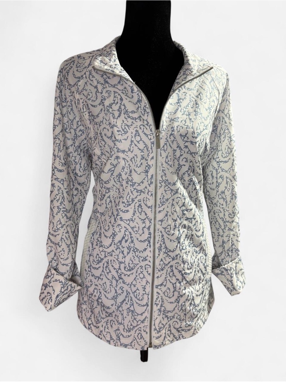Chico's White and Blue Printed Zip-Front Jacket